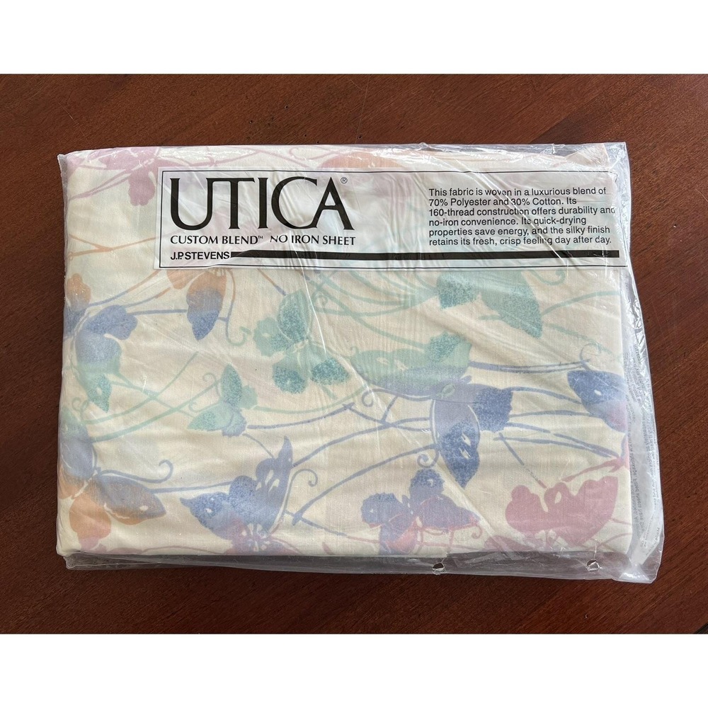 Vtg JP Stevens Utica Custom Blend Full ‎ Fitted Sheet Butterfly Breeze USA
